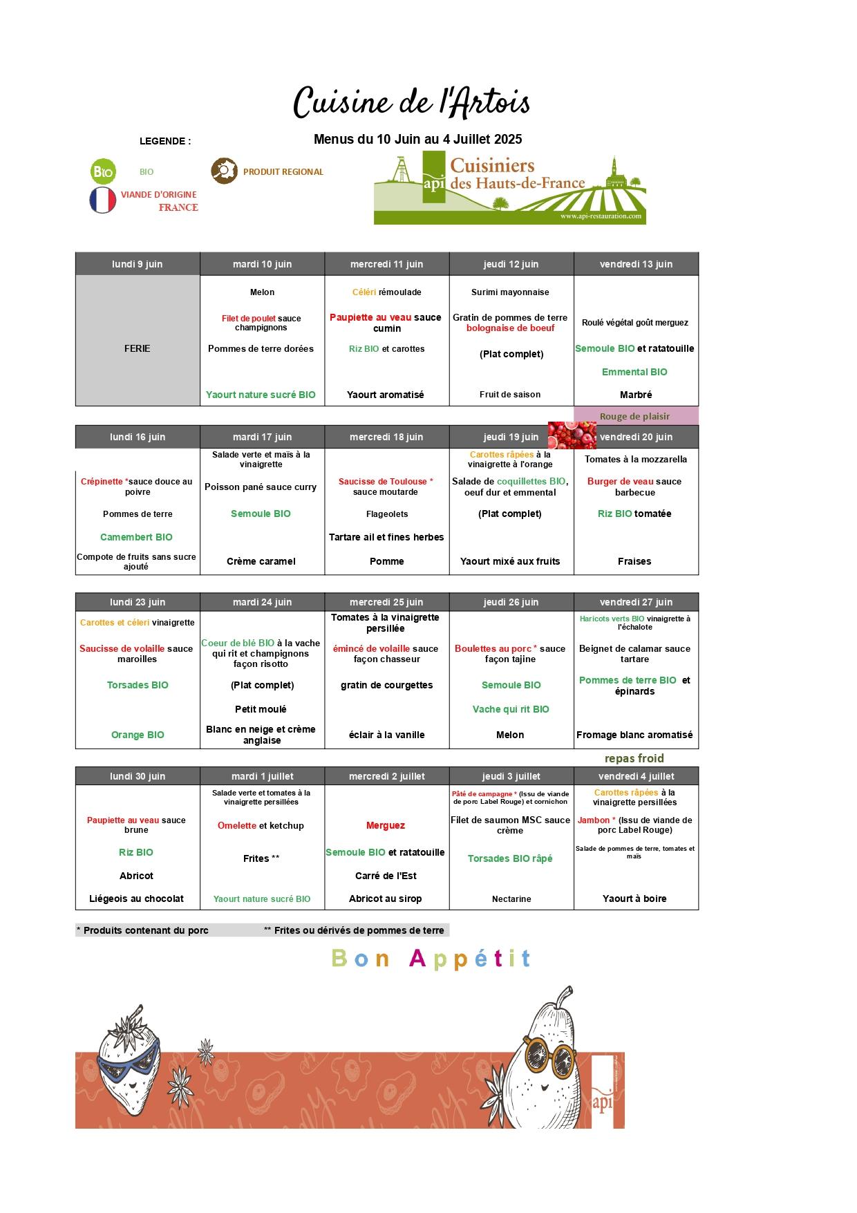 Menus  du 10 juin au 04 juillet 2025