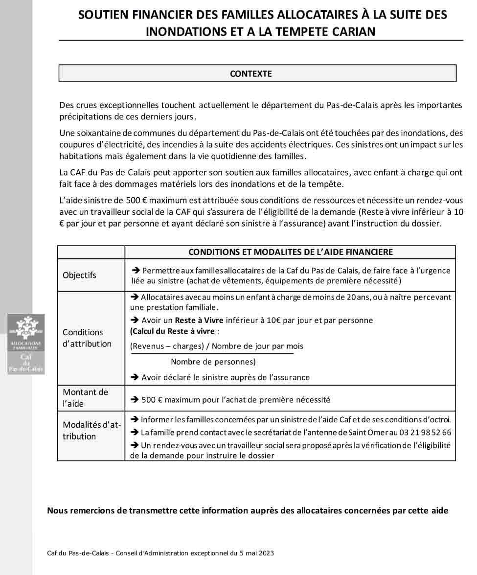 Note ca aide exeptionnelle aux familles sinistrees suites aux tempetes 2023